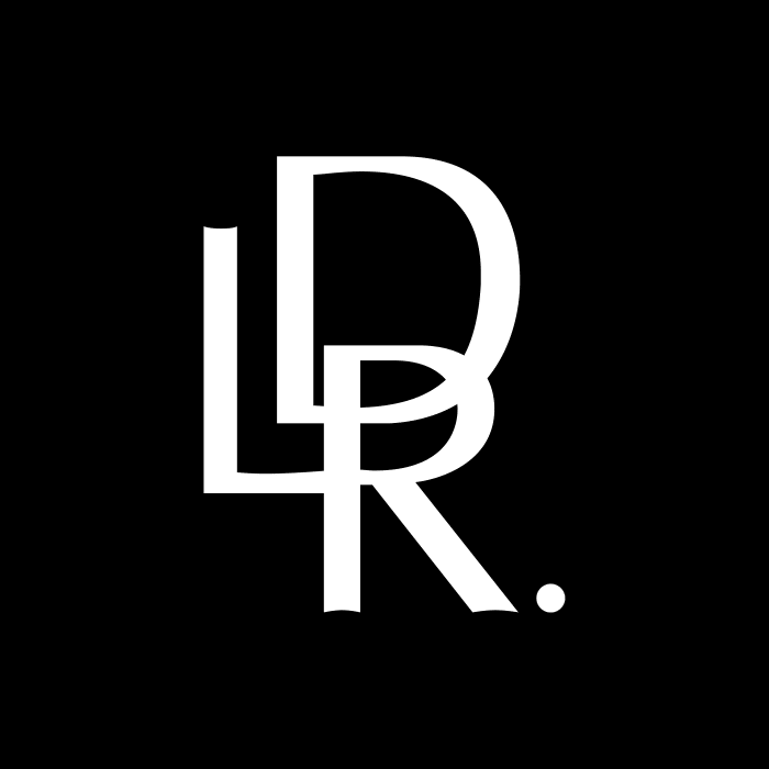 A black and white logo of the letters l r.